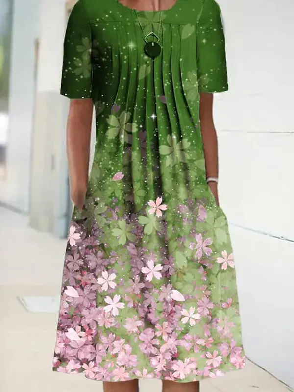 Starry and Flowers Crew Neck Midi Dress