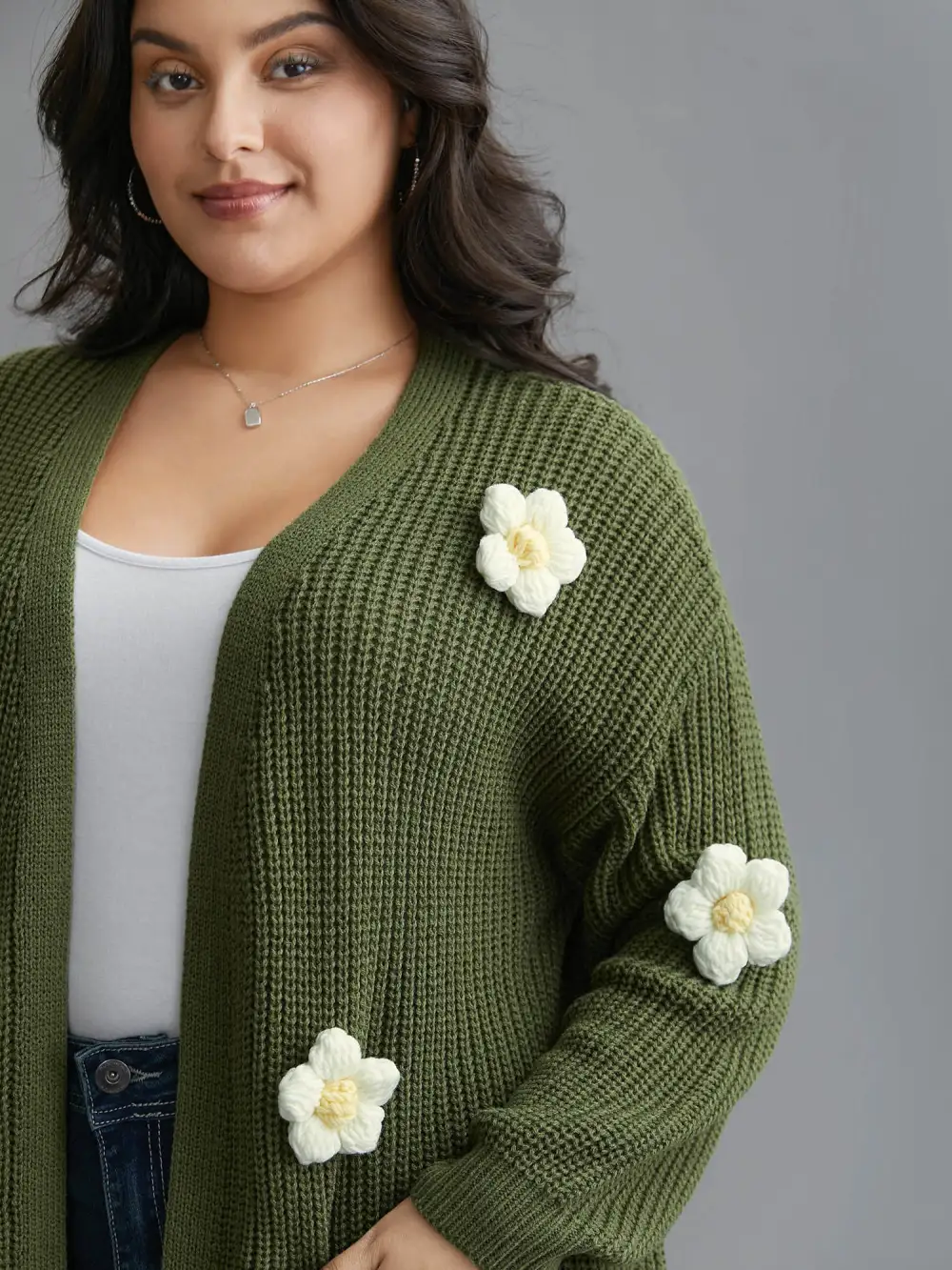 Floral Motifs V-Neck Pockets Knit Cardigan