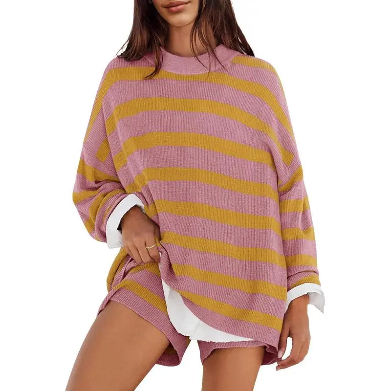 Women's 2 Piece Sweater Lounge Sets Striped Long Sleeve Shorts Oversized Matching Outfits