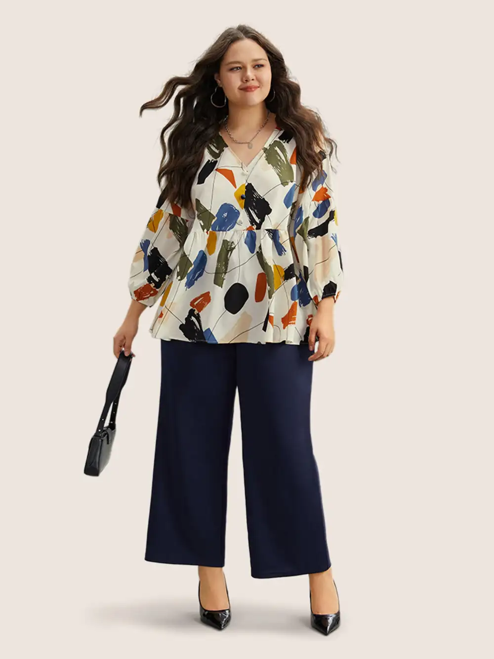 Brush Print Button Detail Elastic Cuffs Blouse