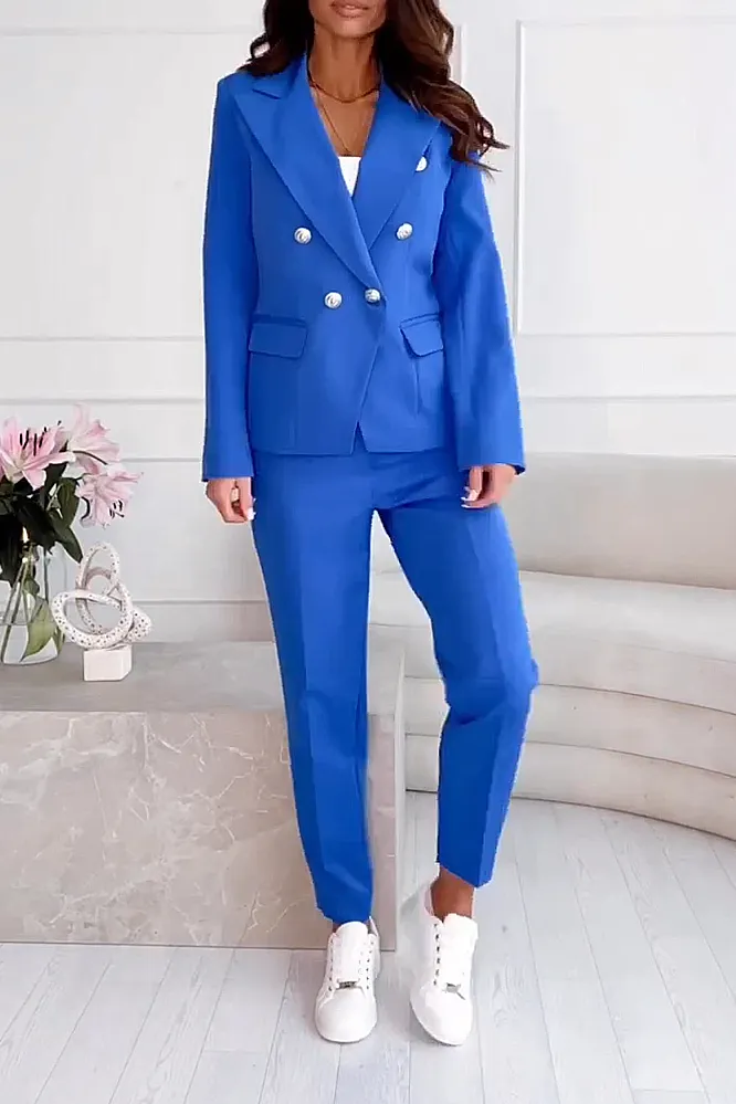 Women's Fashion Solid Color Slimming Button Jacket Pants Two Piece Set