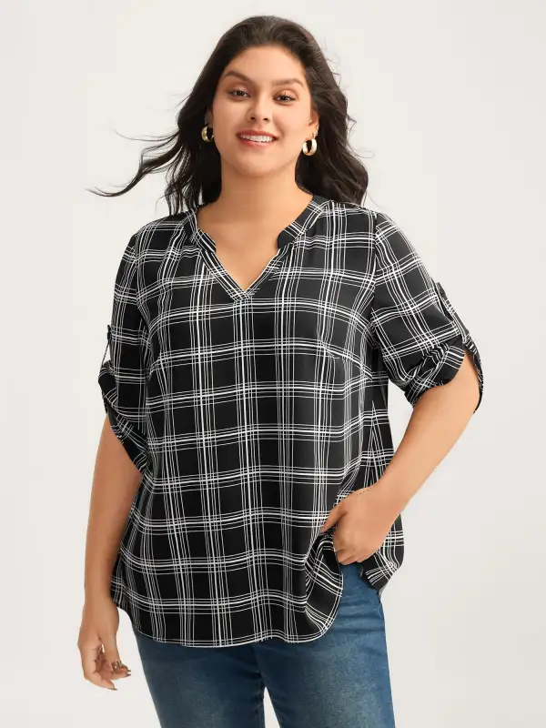 Plaid Print Tab Sleeve Notched Blouse