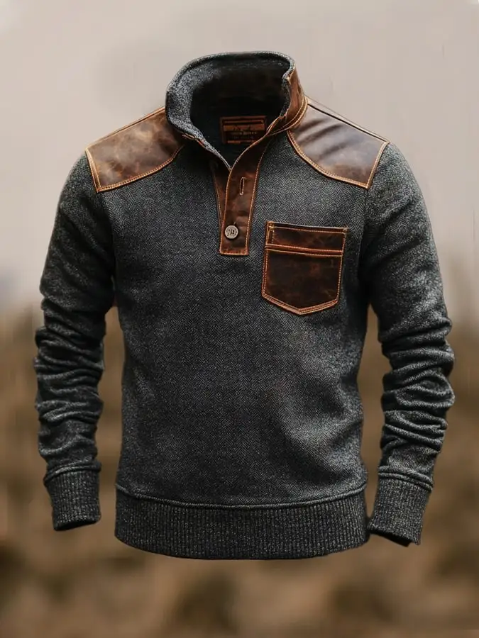 Men's Vintage Herringbone Leather Button-Down Stand Collar Long Sleeve Top