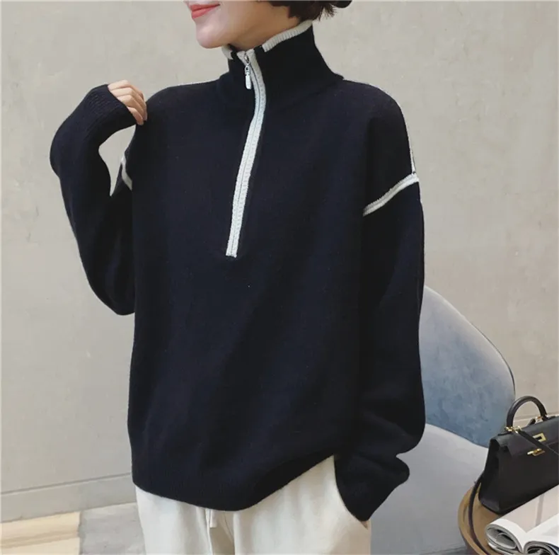 Stand Collar Zip Colorblock Loose Fashion Sweater