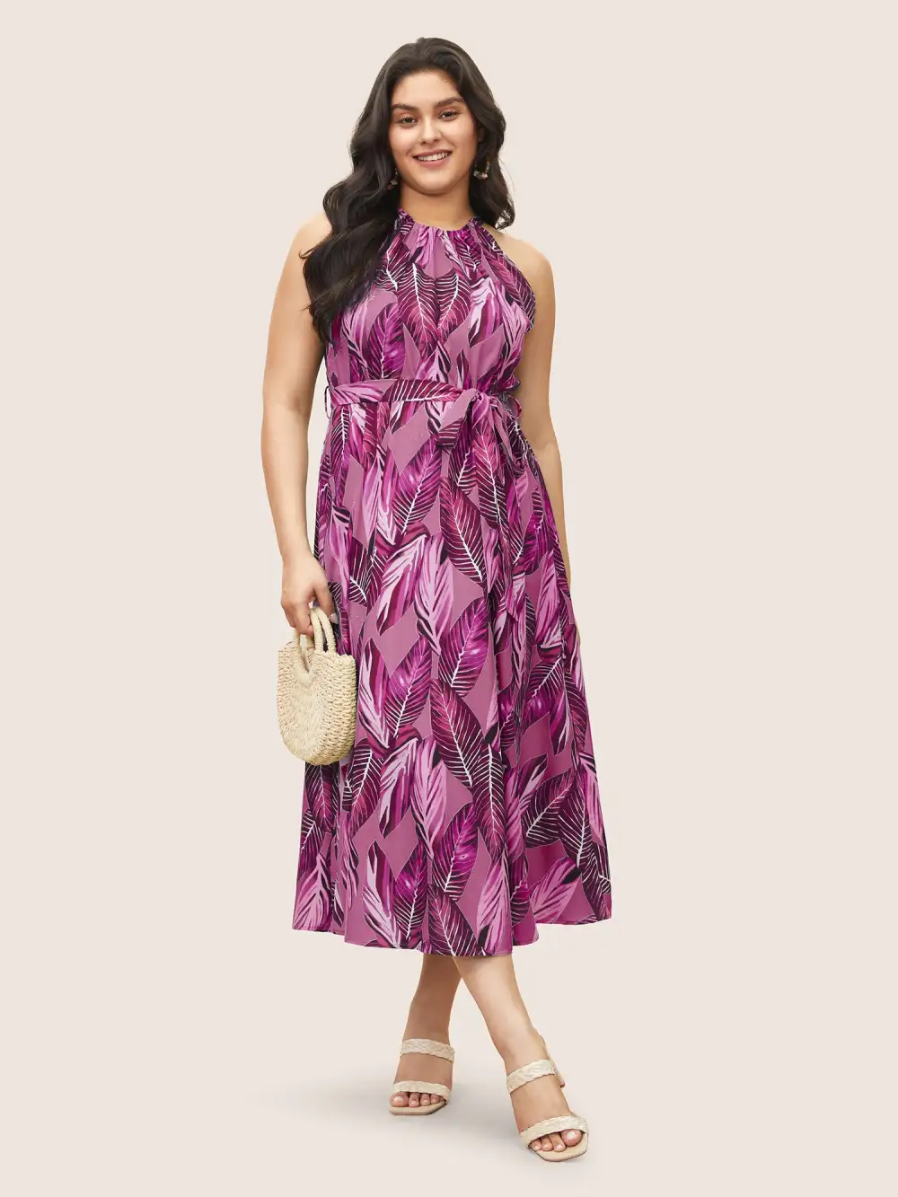 Tropical Print Knotted Pocket Ruffles Belted Halter Dress