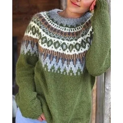 Women's Sweater Fair Isle Sweater Pullover Casual Soft Floral Ribbed Crew Neck Knitted Print Long Sleeve Regular Tops Knit Outdoor Daily Holiday Red Blue Fall Winter