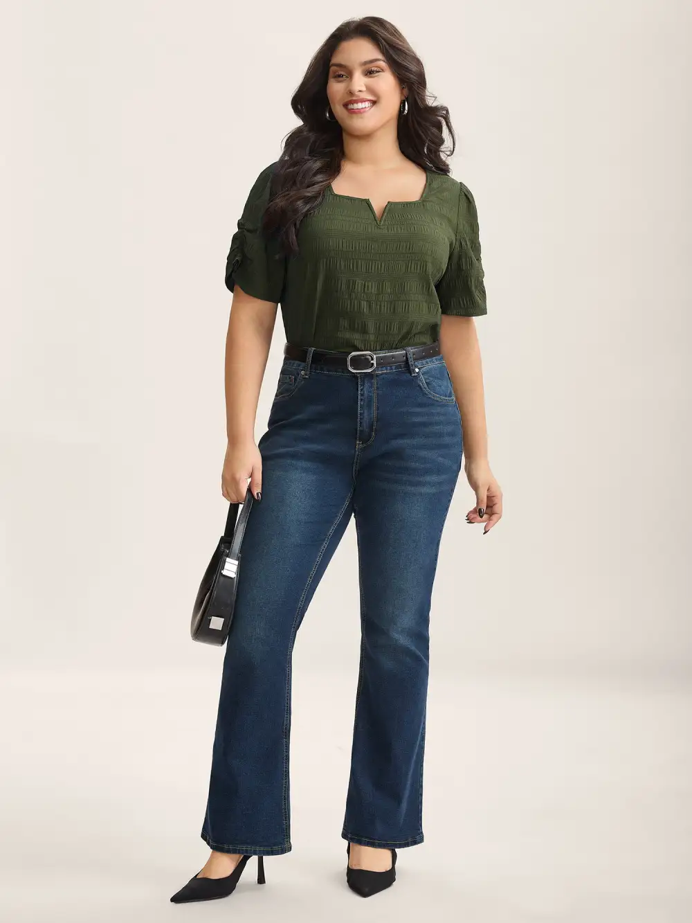 Textured Gathered Sleeve Split Neck Blouse