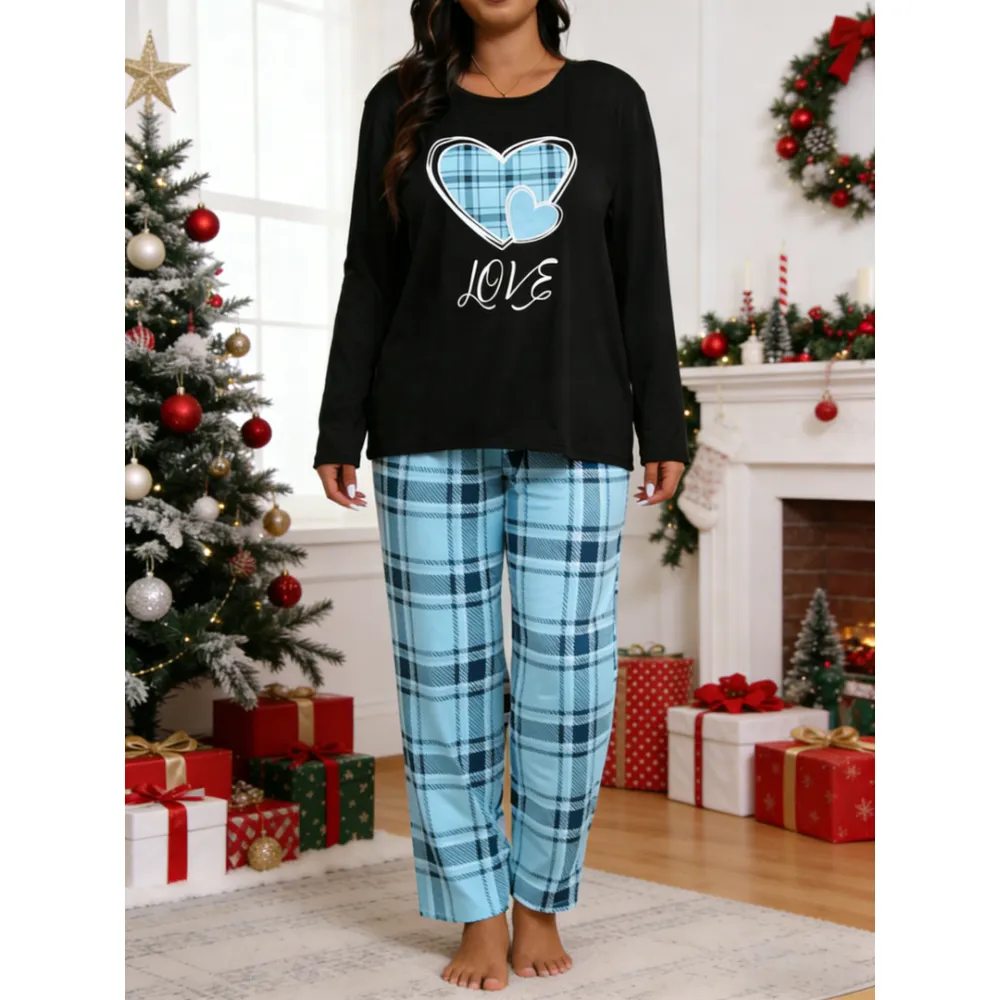 Two-piece Set Long Sleeve Heart Print Tee & Plaid Print