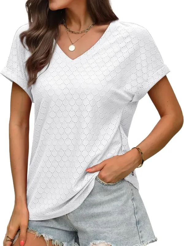 ✨Women's V Neck Eyelet Dressy Casual Basic Short Sleeve Tees