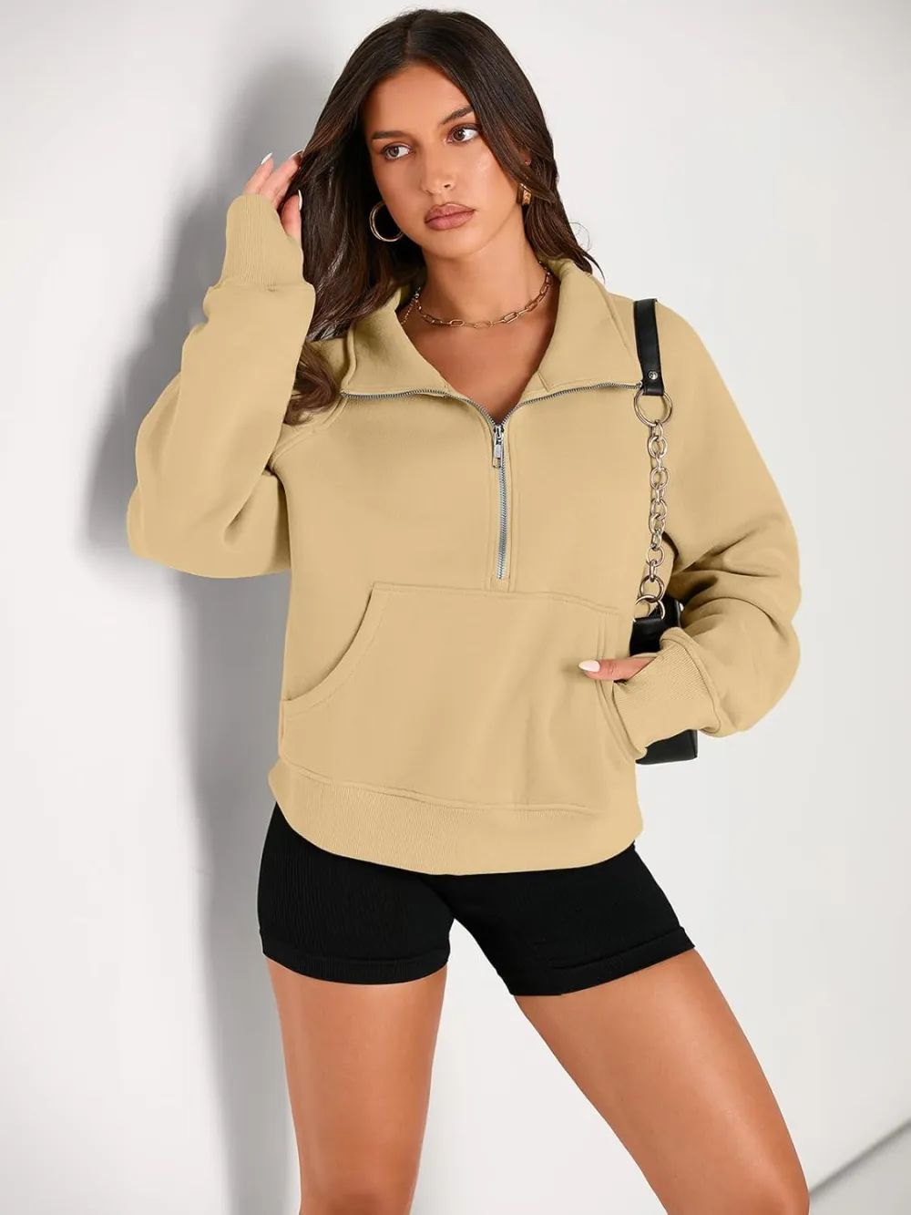 Womens Sweatshirts Half Zip Cropped Pullover Fleece Quarter Zipper Hoodies Fall outfits Clothes Thumb Hole