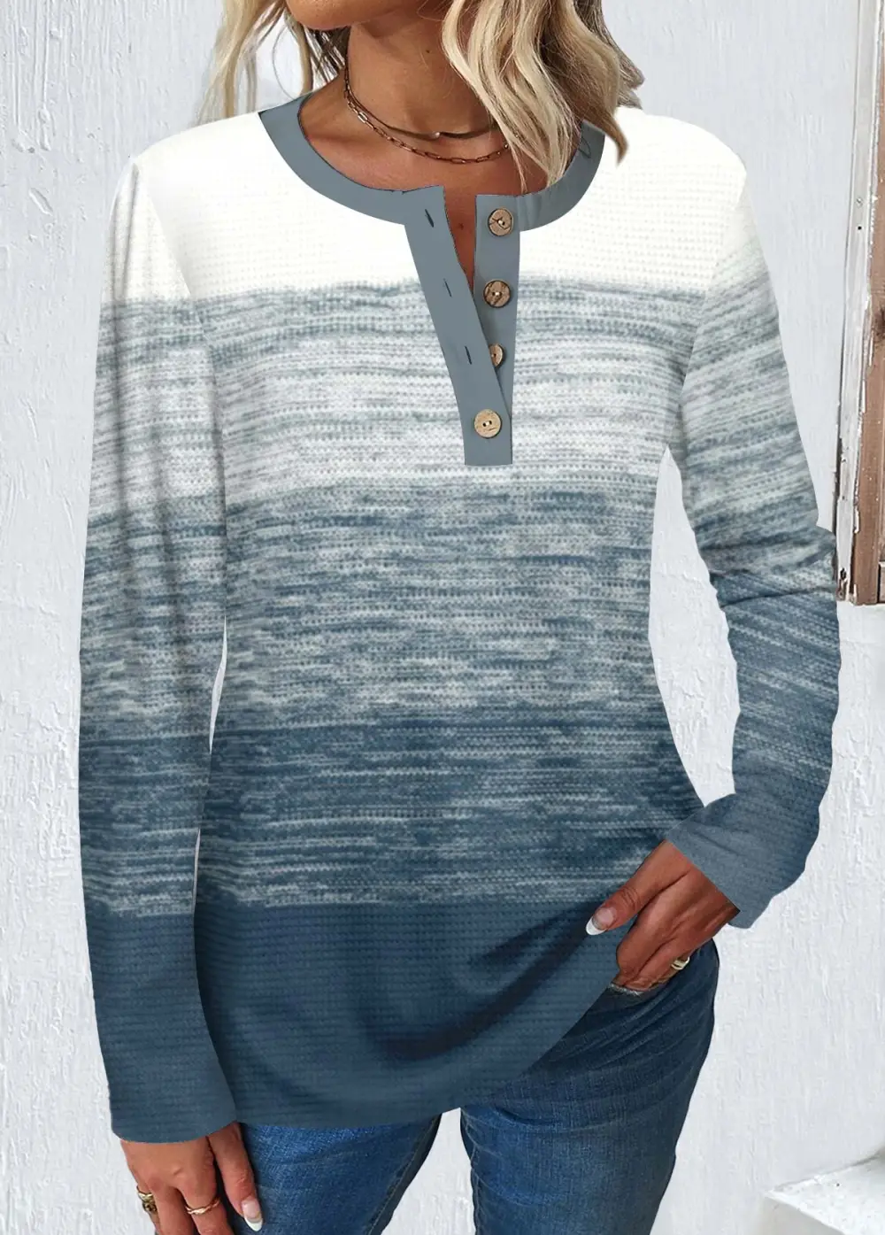 Dusty Blue Button Long Sleeve Round Neck T Shirt