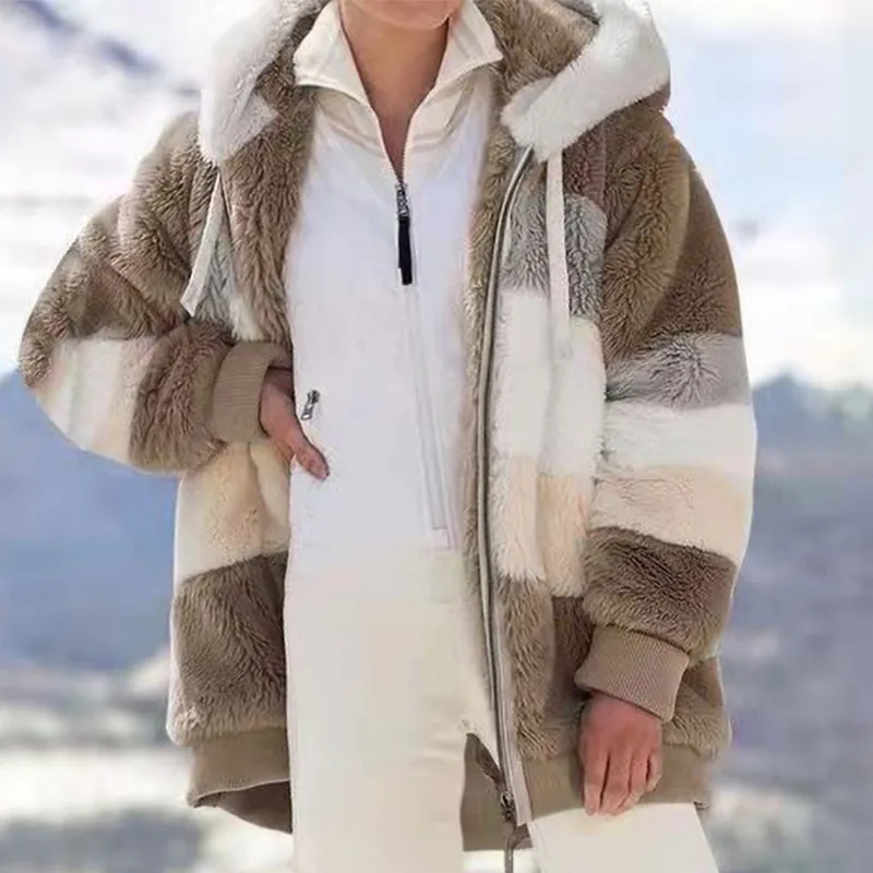 Color Patchwork Plush Hooded Overcoat