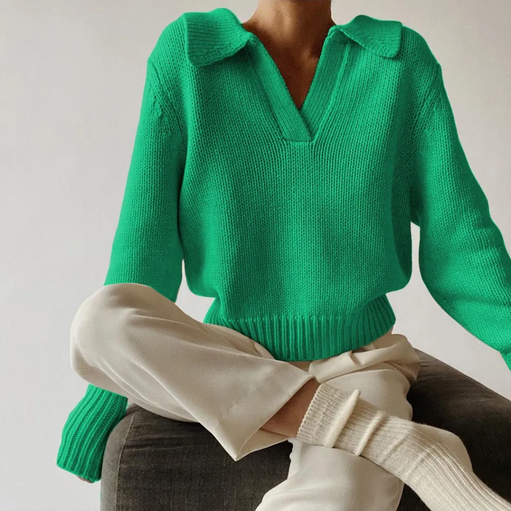 Chic Solid Color Lapel Sweater