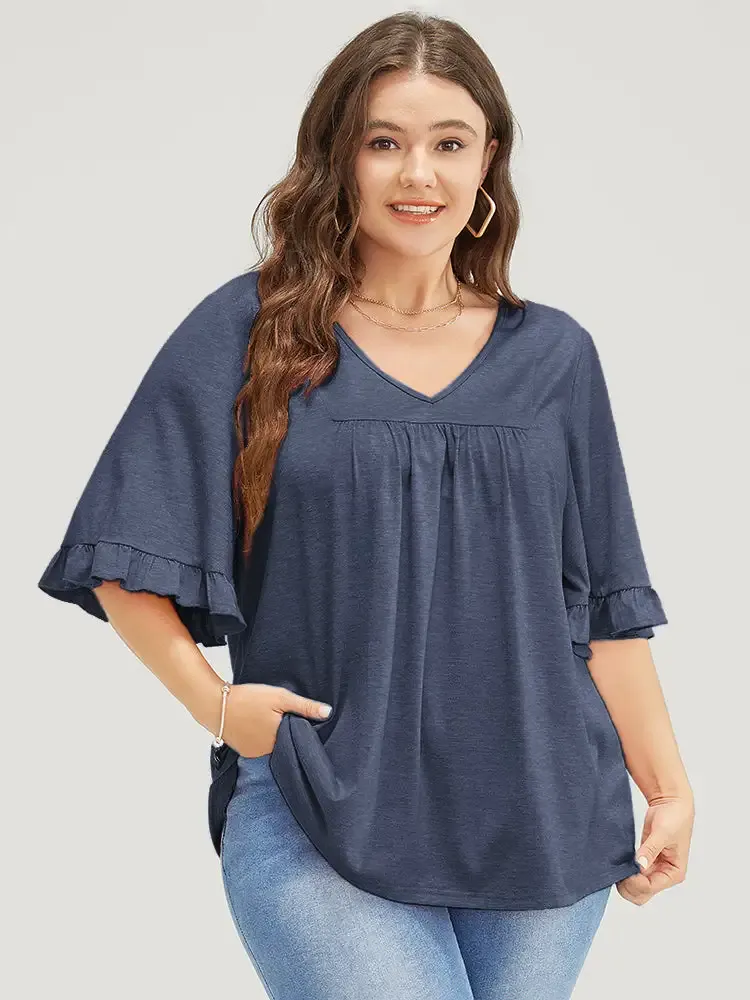 Solid Gathered Ruffle Trim Flounce Sleeve T-shirt