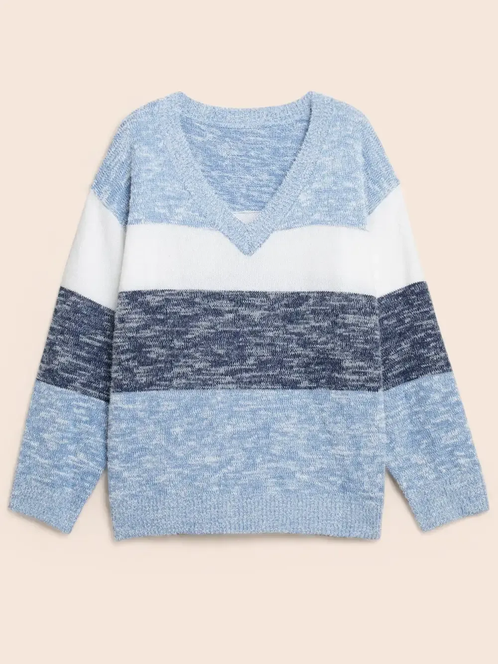 Colorblock Contrast Super Soft Plush Knit V Neck Pullover