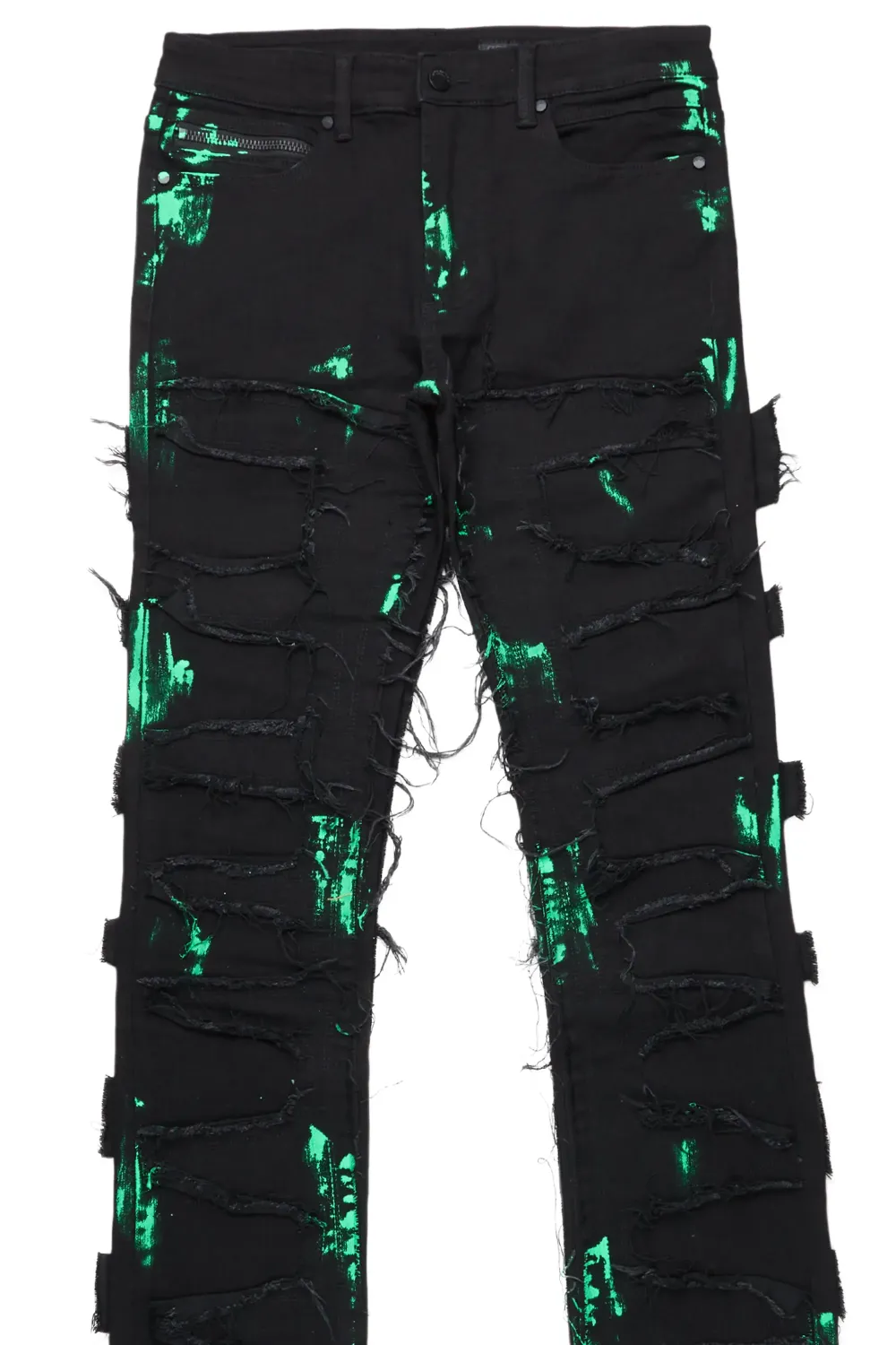 Gideon Black/Green Super Stacked Flare Jean