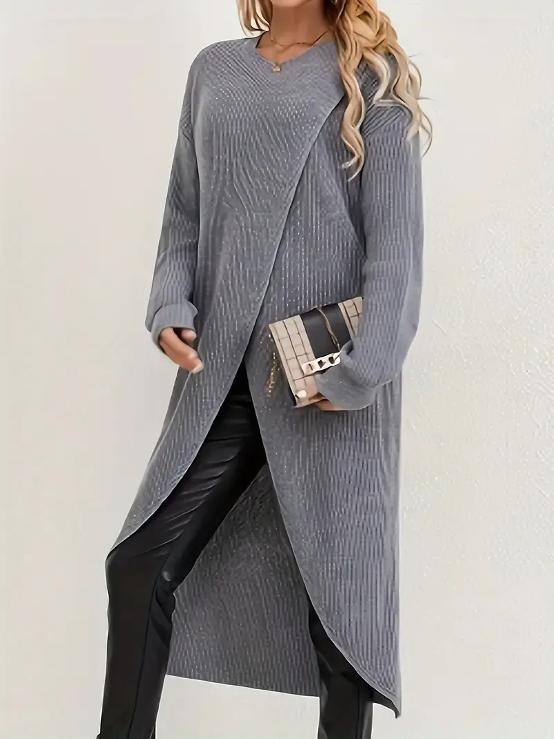 Long Sleeve Solid Knitted Crew Neck Casual Asymmetrical Hem Dress