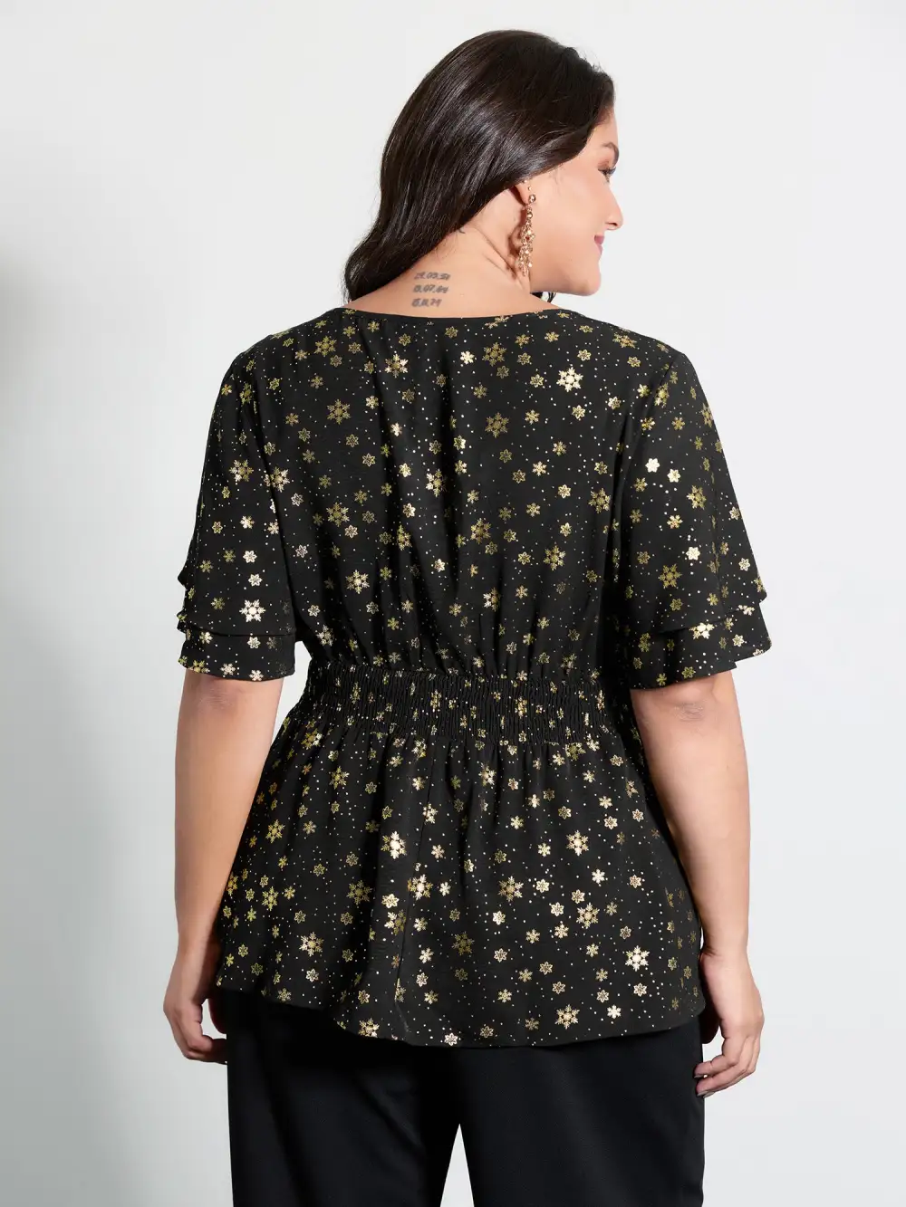 Gold Stamped Layered Ruffled Sleeve Blouse