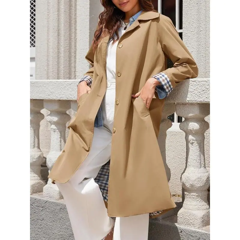 Womens Long Trench Coat Single Breasted Oversized Windproof Overcoat Fashion Outerwear