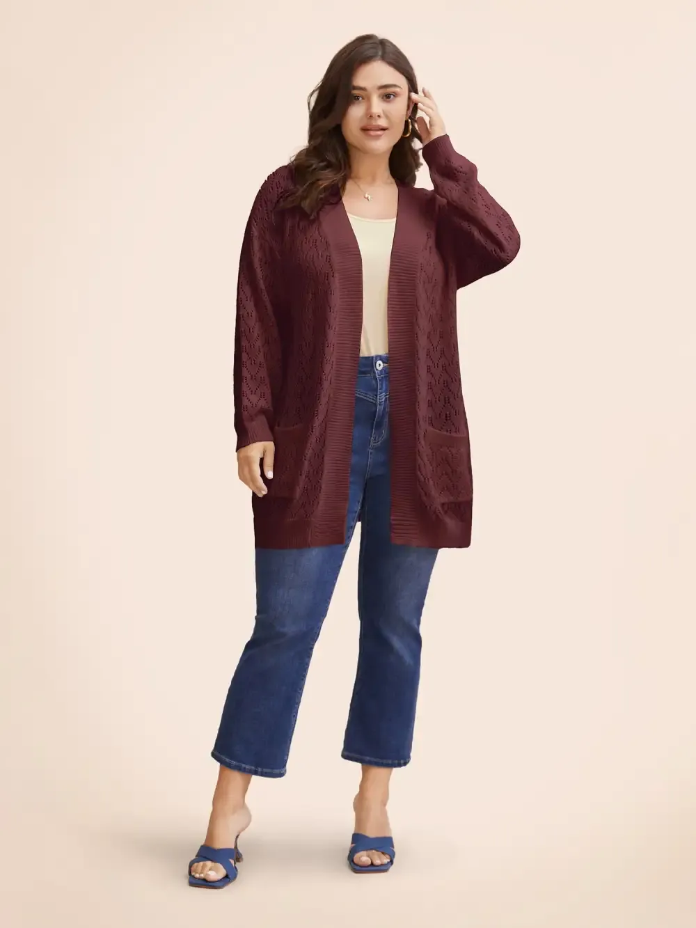 Kimono Collar Patch Pocket Pointelle Knit Cardigan