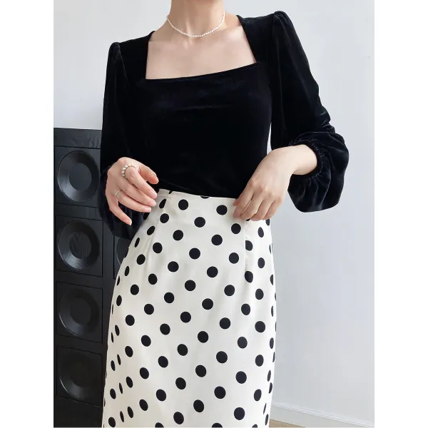 Black Velvet Square Collar Bubble Sleeve Blouse