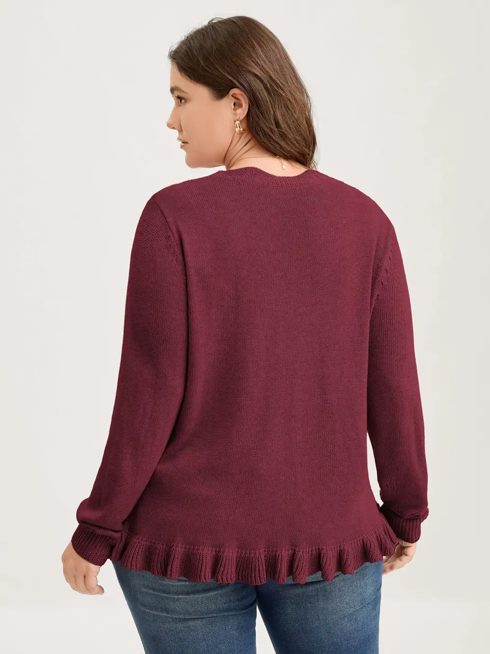 Supersoft Textured Floral Button Ruffled Hem Knit Cardigan