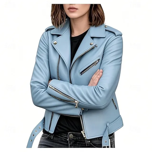 Women's Faux Leather Jacket Comfortable Full Zip Fashion Street Style Plain Outdoor Casual Daily Regular Turndown Regular Fit Long Sleeve Outerwear Silver Black Pink Spring Fall