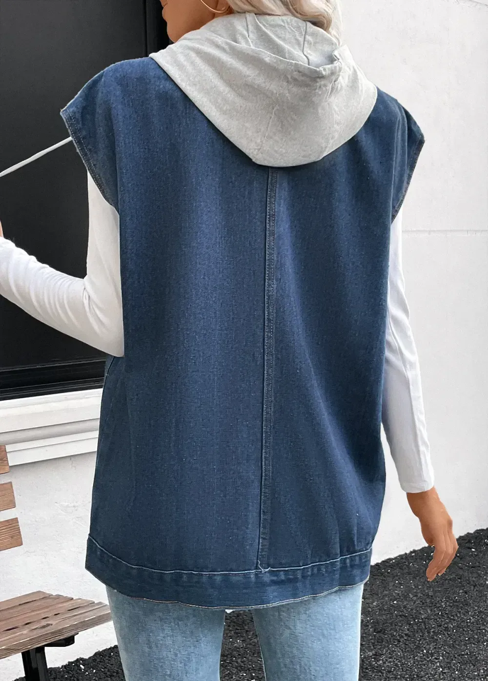 Denim Blue Patchwork Sleeveless Hooded Waistcoat