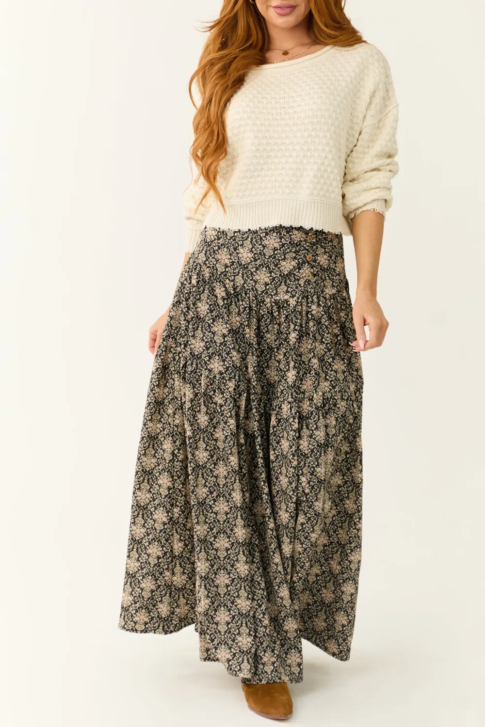 Cream Patterned Knit Mid Length Sweater