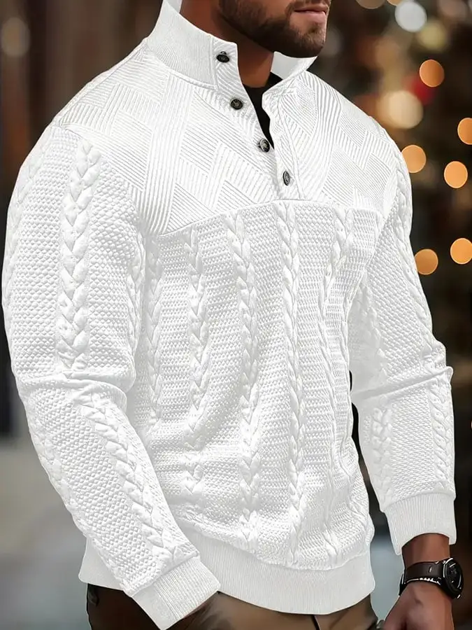 Men'S Vintage Jacquard Fabric Button-Down Stand Collar Long-Sleeved Sweatshirt