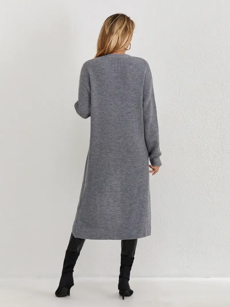 Long Sleeve Solid Knitted Crew Neck Casual Asymmetrical Hem Dress