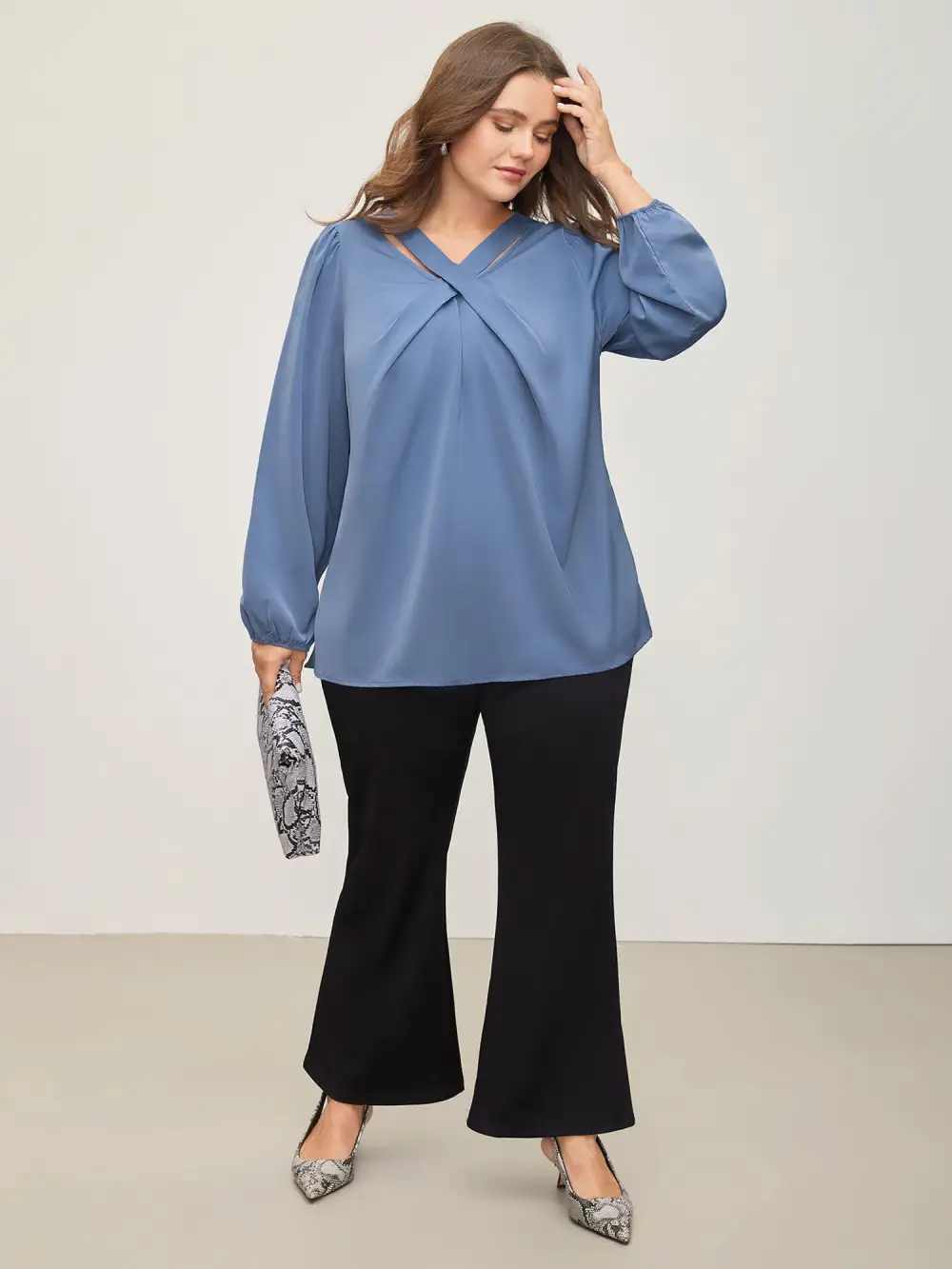Criss Cross Neckline Puff Sleeve Gathered Blouse