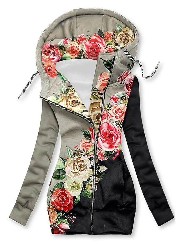 Women's Zip Hoodie Sweatshirt Sports Basic Drawstring Zip Up Front Pocket Black White Blue Floral Cat Street Casual Hoodie Long Sleeve Top Micro-elastic Fall & Winter