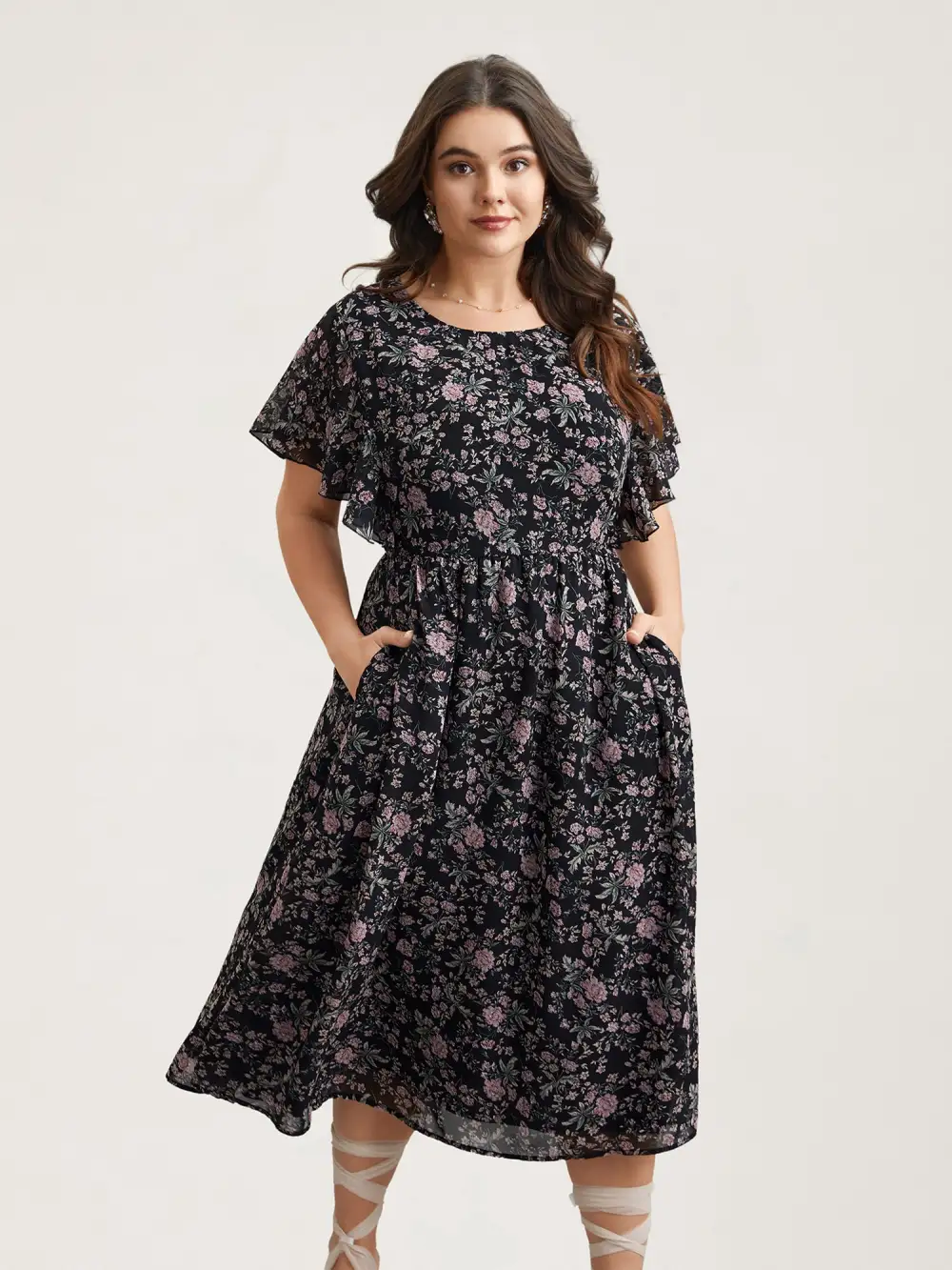 Chiffon Floral Print Ruffled Midi Dress