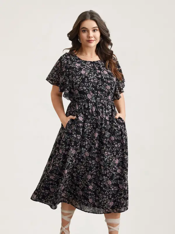 Chiffon Floral Print Ruffled Midi Dress