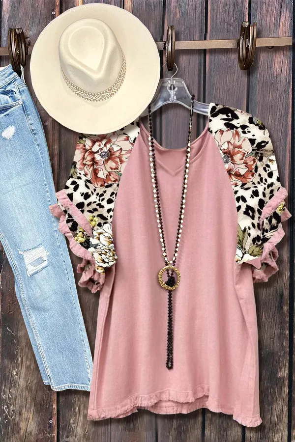 Casual Leopard Flower Print Frayed Top