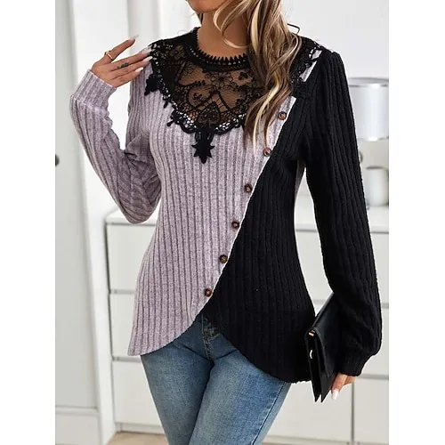 Women's Blouse Textured Ribbed Solid Color Eyelet Daily Elegant Stylish Puff Sleeve Long Sleeve