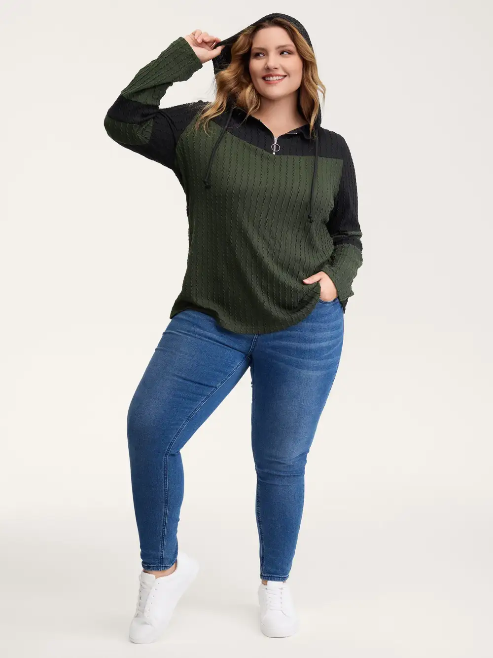 Textured Color Contrast Half-Zipper Hoodie