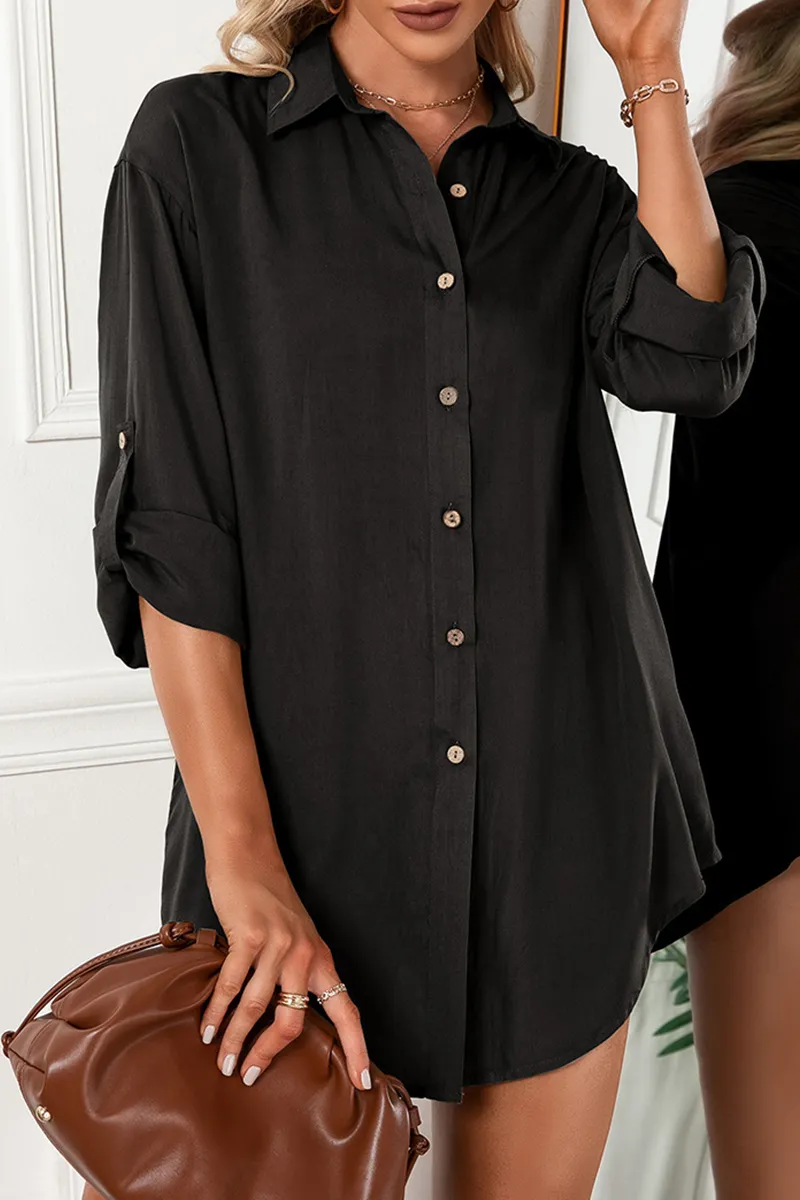 Casual Solid Buckle Turndown Collar Shirt Dress (6 Colors)