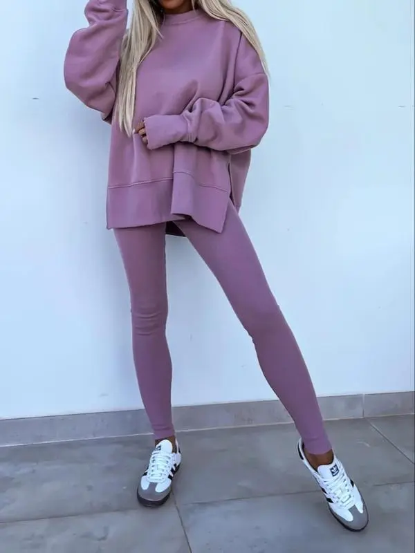 Women's Solid Drop Shoulder Sweatshirt & Pants Set – Casual, Cozy, All-Season Sportswear