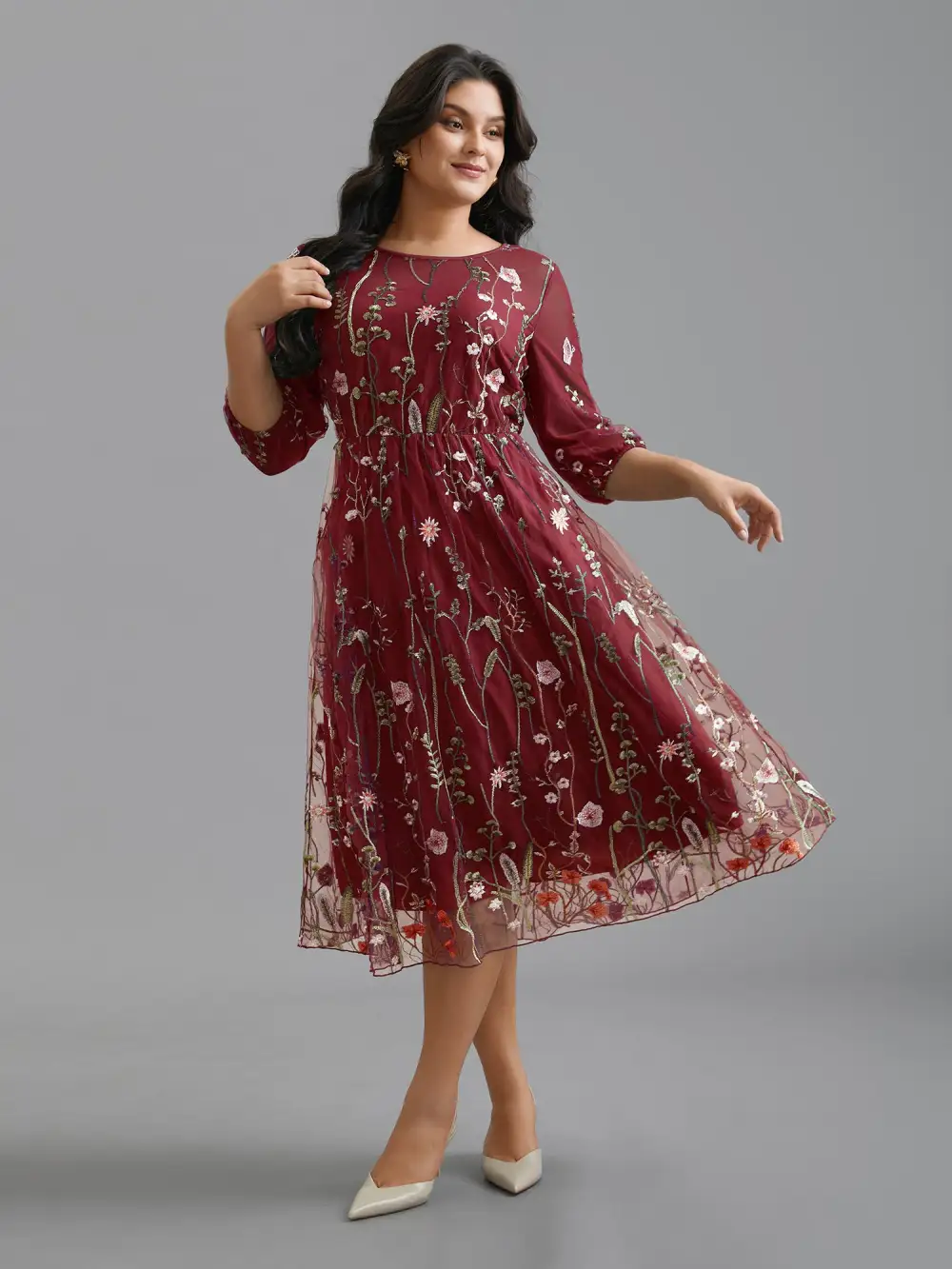 Floral Embroidered Elastic Waist Lined Midi Dress