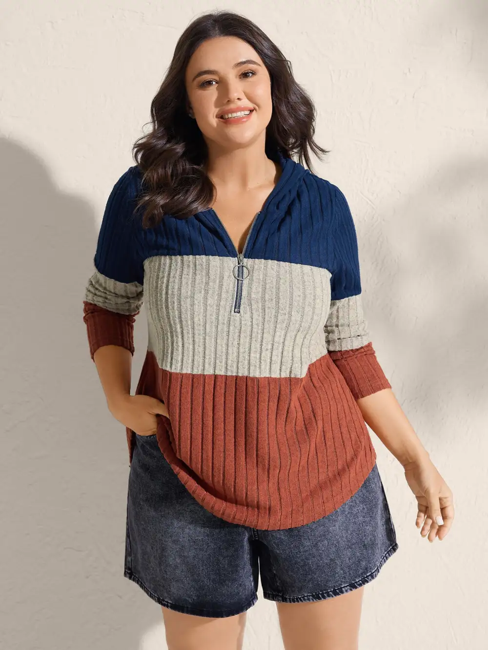 Color Block Half Zipper Ribbed Hoodie