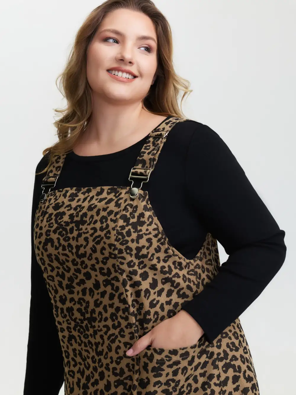 Leopard Print Overall Straps Pockets Midi Dress