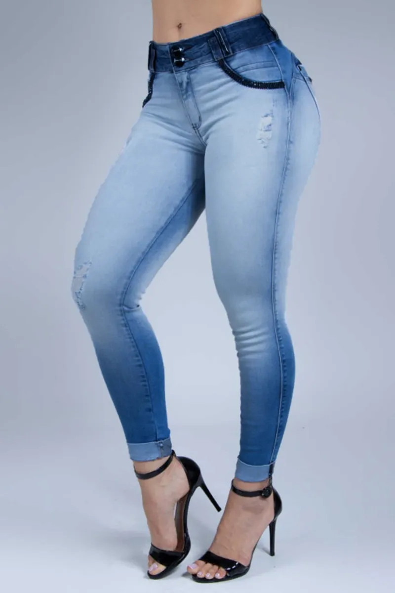 Ripped Button Front Roll Up Hem Jeans