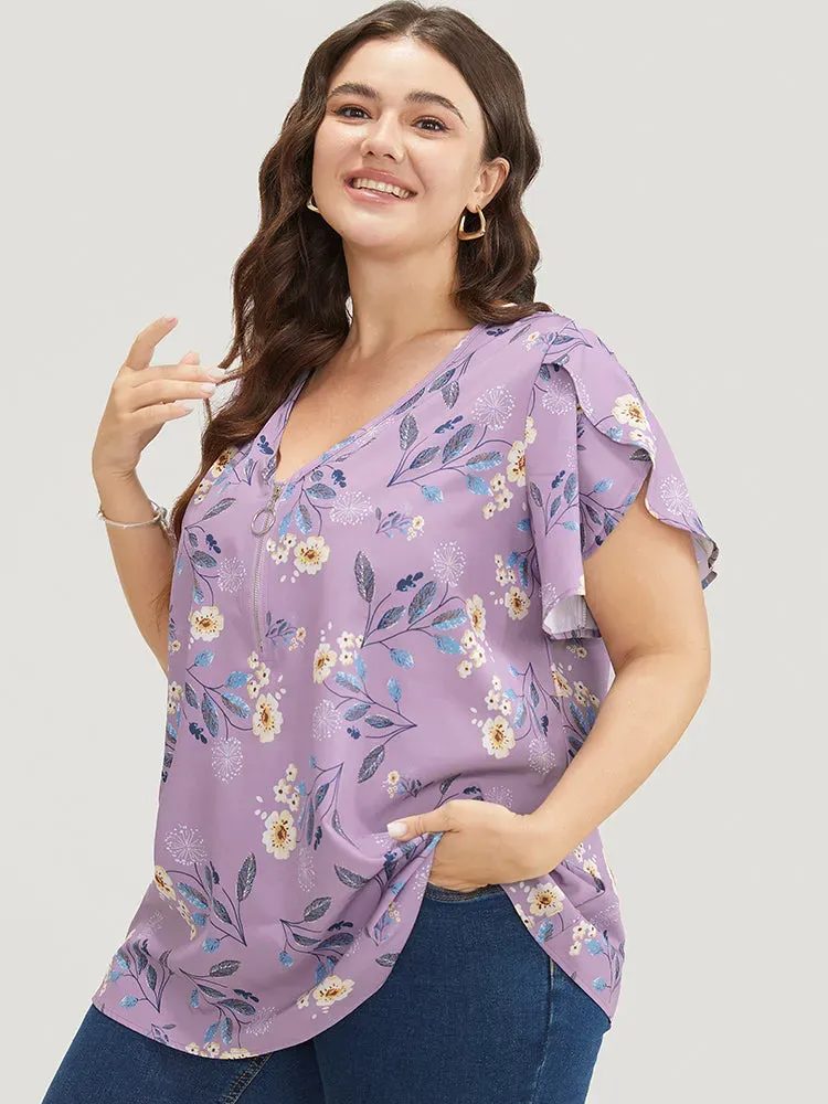 Floral O Ring Zipper Split Petal Sleeve Blouse