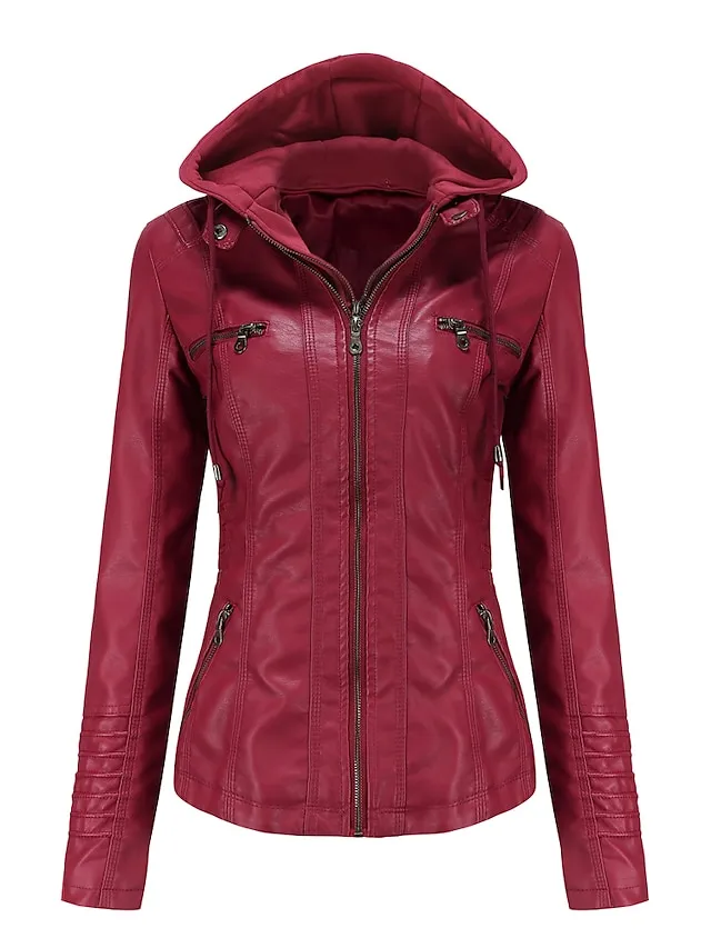 Women's Faux Leather Fall Hoodie Moto Biker Hoodie Jacket Windproof Warm Pocket Sports Solid Color Maillard Outerwear Long Sleeve Winter Fall Black Camel Red Street Casual Daily  M L XL