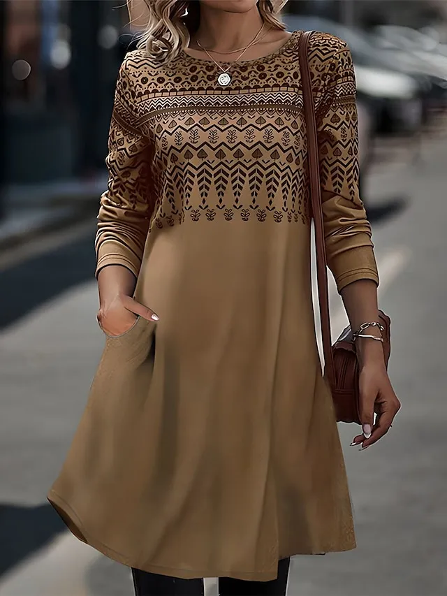 Women's Casual Dress T Shirt Dress Tee Dress Print Dress Geometric Color Block Pocket Print Crew Neck Midi Dress Fashion Streetwear Outdoor Daily Long Sleeve Regular Fit Blue Fuchsia Brown Spring Fall