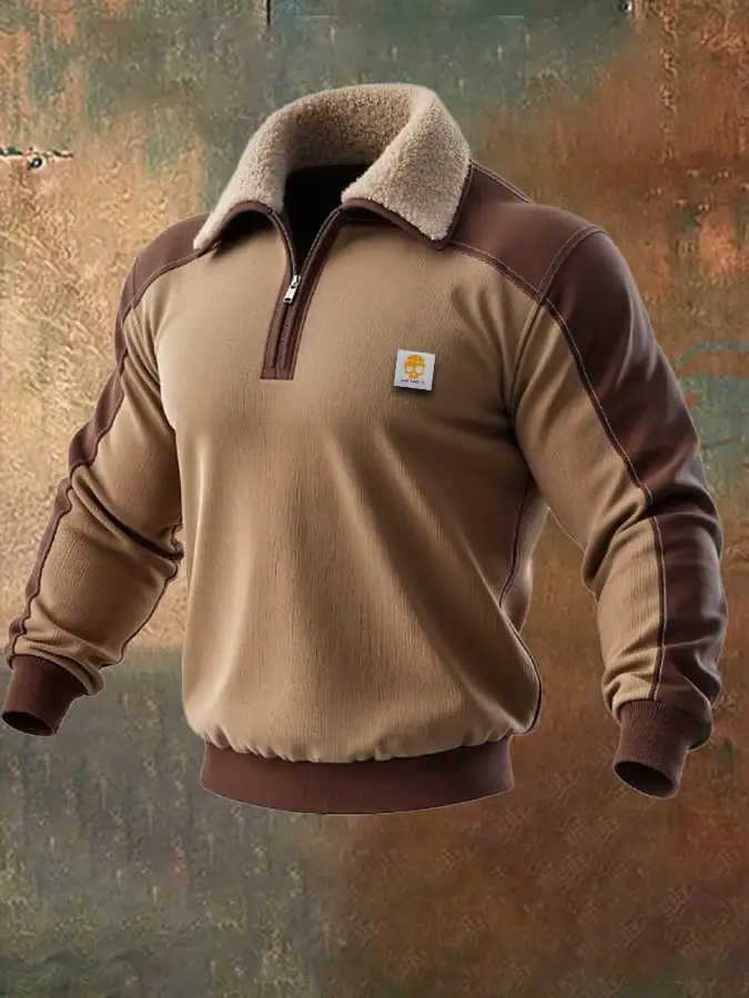 Men's Retro Splicing Zipper Fur Collar Sweatshirt