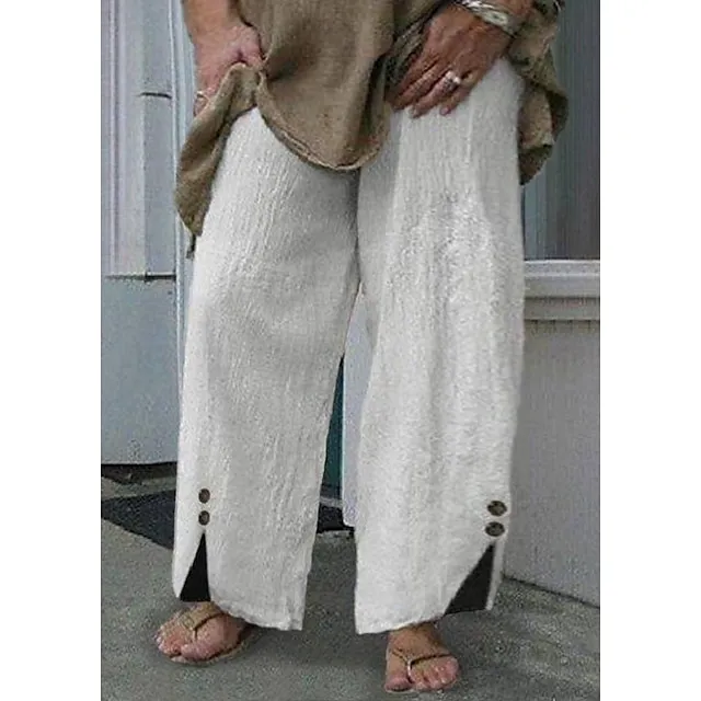 Women's Wide Leg Pants Trousers Baggy Ankle-Length Cotton Blend Baggy Basic Casual Daily Vacation Dark Khaki Black S M Spring Fall