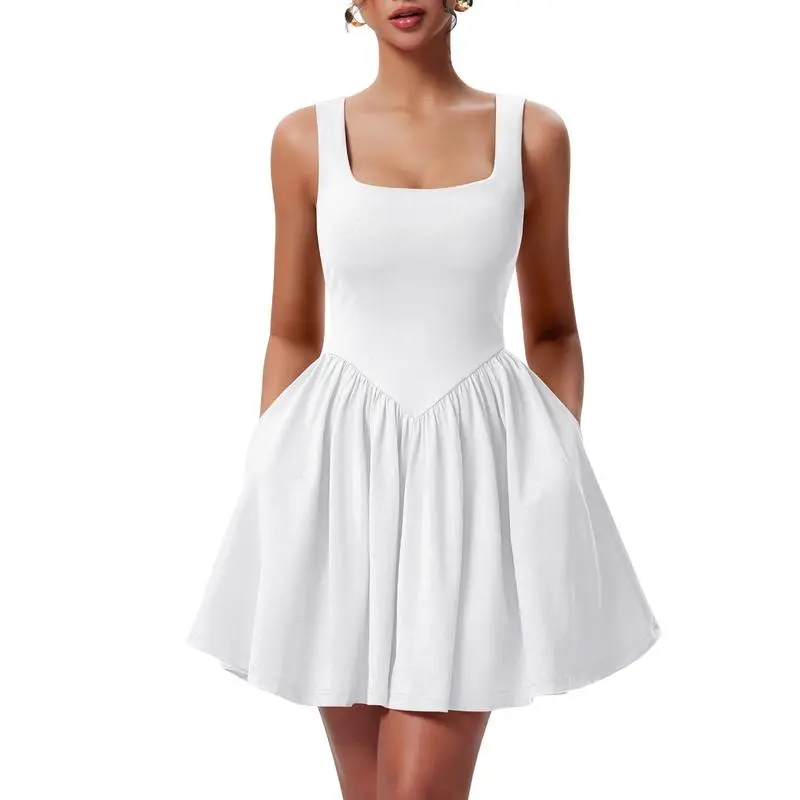 Women's Summer Sleeveless Square Neck A-line Ruffle Hem Mini Tank Dress With Pockets
